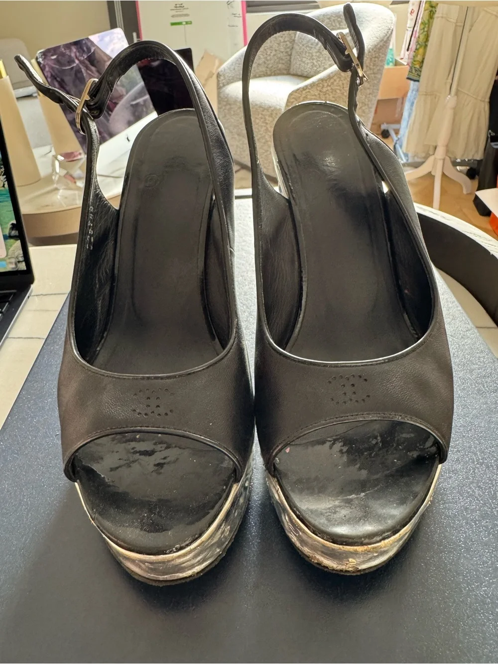 CHANEL Black Leather Peep-Toe Slingback Platforms with Metallic Silver Platform